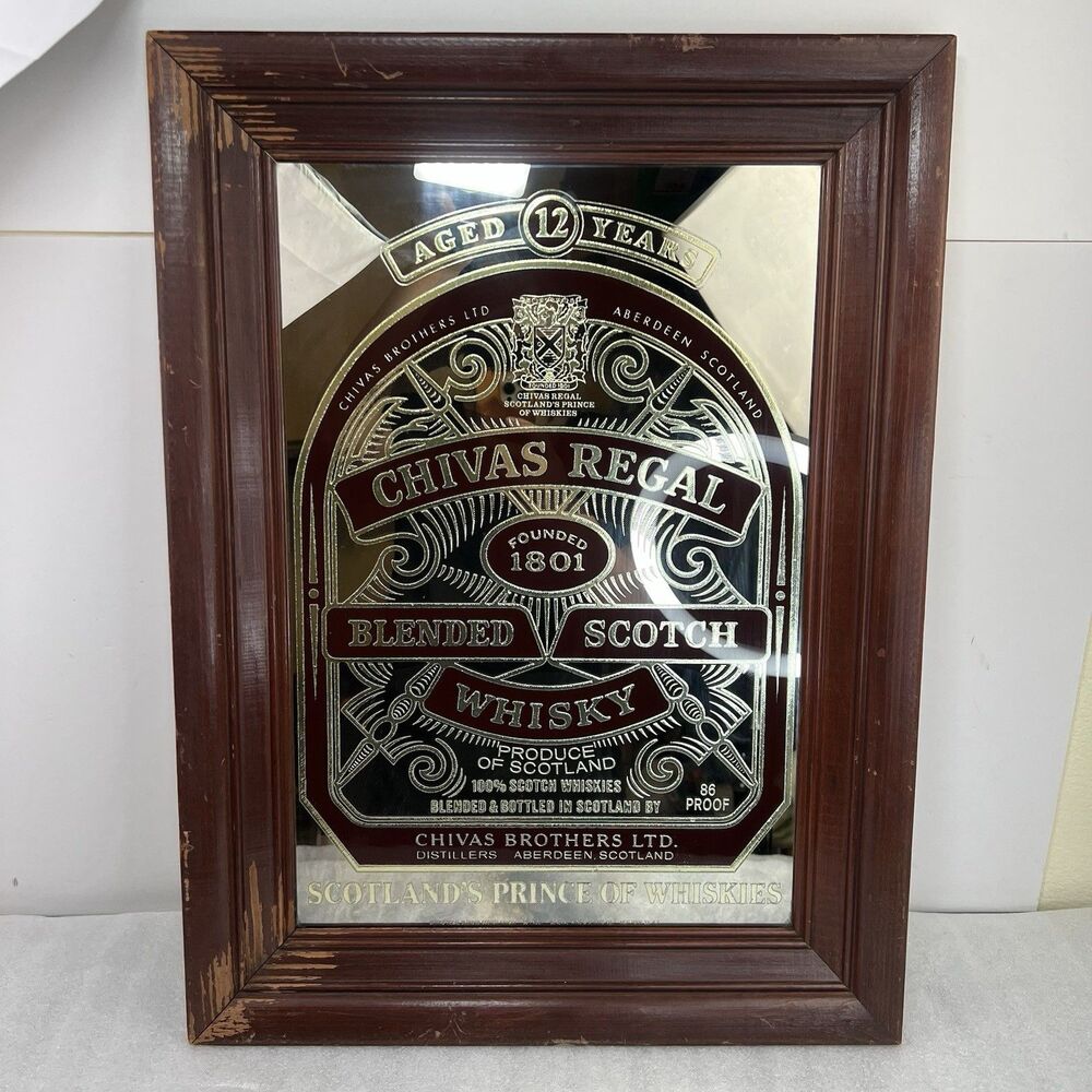 Vintage Chivas Regal Blended Scotch Whisky Mirror Bar Pub Sign 23x17” Wood Frame